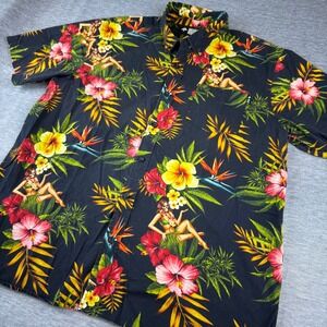LRG Button Up Hawaiian Shirt Skull Hula Girl Tropical‎ Floral Mens Button Down